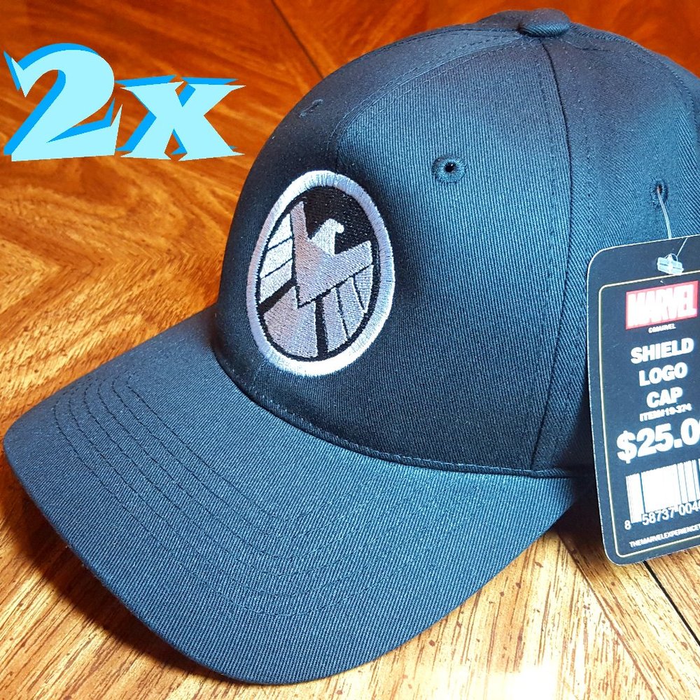 (2x) MARVEL SHIELD LOGO BLACK CAPS - Adjustable Size - TWO Hat Bundle